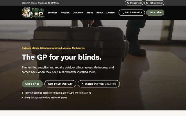 The live blindsgp.com home page: a suburb-and-fee check above a job record for a blinds installer.