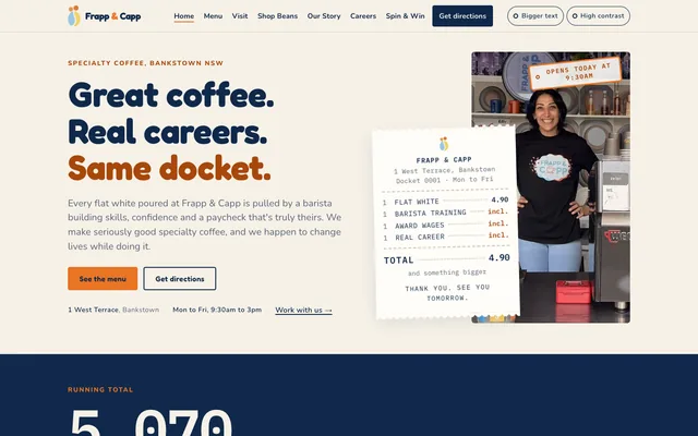 The live frappandcapp.com home page: the cafe's order docket built into the whole design system.