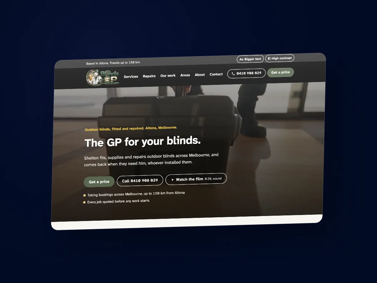 A rendered product view of a blinds installer's live website.