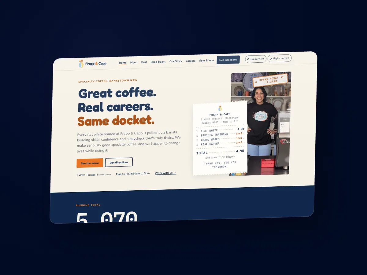 A rendered product view of a social enterprise cafe's live website.